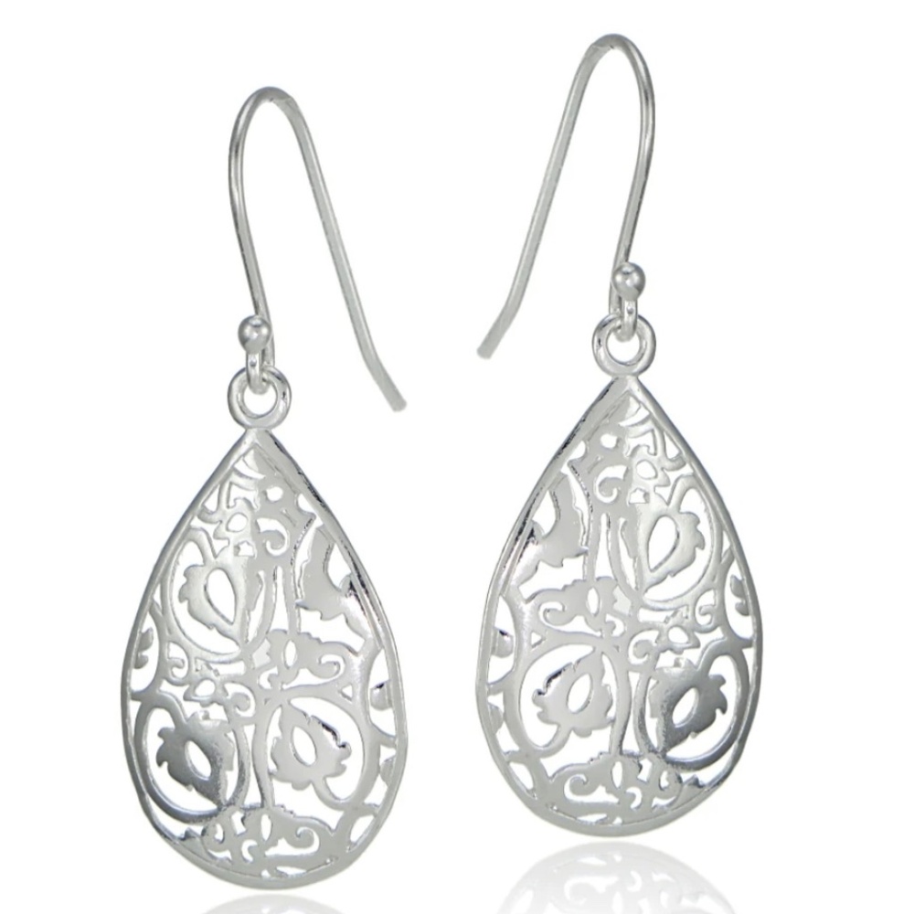 New Lite Sterling Silver Filigree Dangling Teardrop Earrings Fishhook Backings